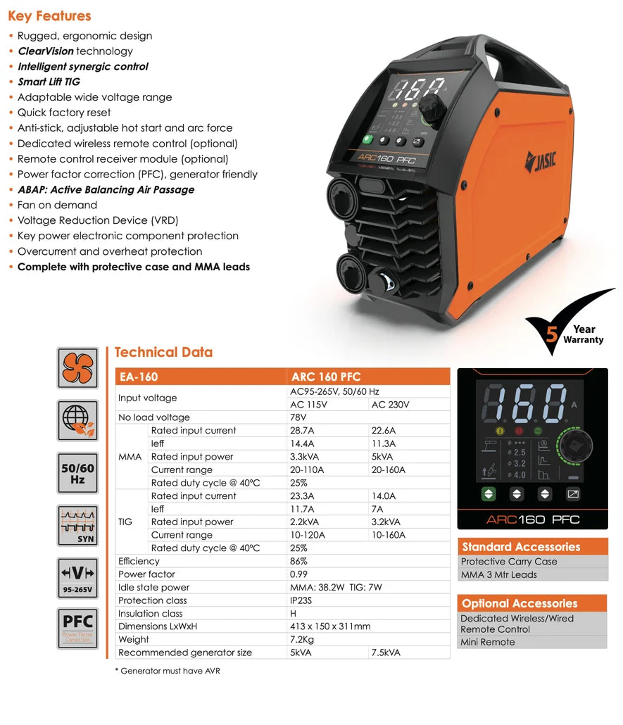 JASIC EVO Arc 160 PFC Inverter c/w Case & Leads