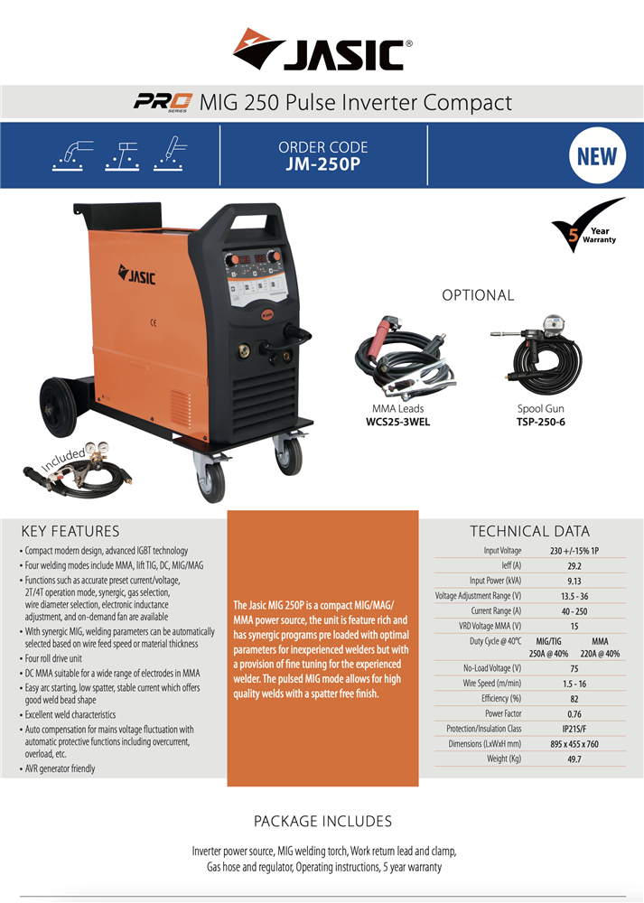 JASIC MIG 250P Compact Pulse Synergic Inverter Package JM-250P